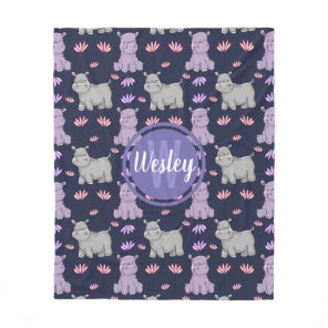 Cute Happy Hippos and Flowers Monogram Fleece Blanket