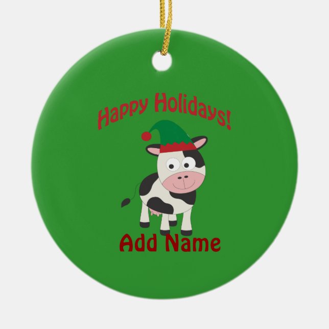Cute Happy Holidays Christmas Elf Cow Ceramic Ornament (Front)
