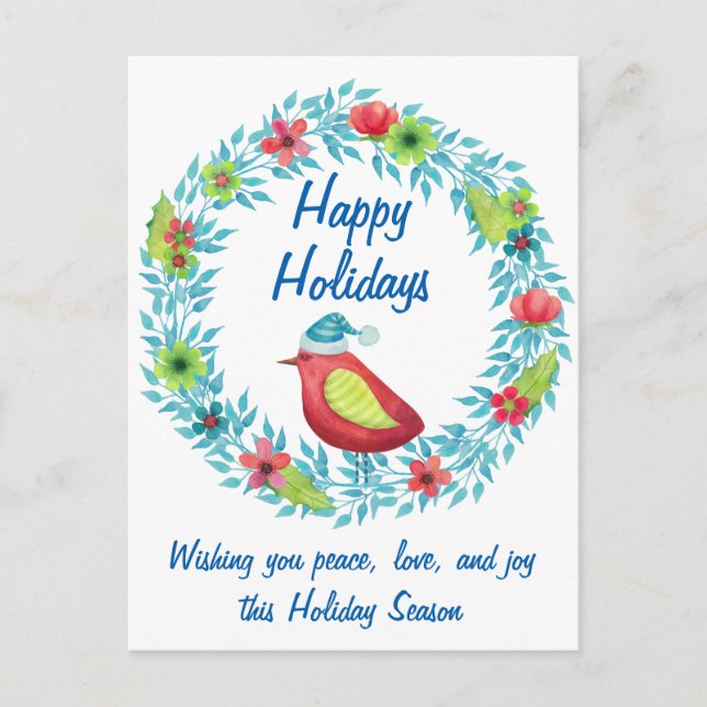 Cute Happy Holidays Flower Wreath with Red Bird Holiday Postcard (Front)