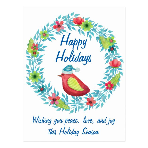 Cute Happy Holidays Flower Wreath With Red Bird Postcard