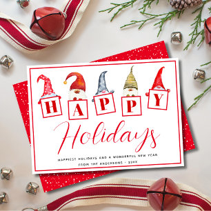 Cute Happy Holidays Gnomes Signs Red Holiday Card