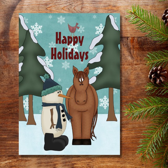 Cute Happy Holidays Horse and Snowman Christmas Holiday Card (Creator Uploaded)