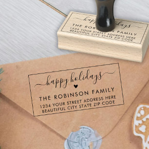 Cute Happy Holidays Script Heart Return Address Rubber Stamp