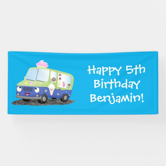 Cute happy ice cream truck cartoon  banner (Horizontal)