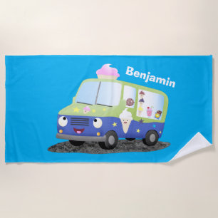 Cute happy ice cream truck cartoon beach towel