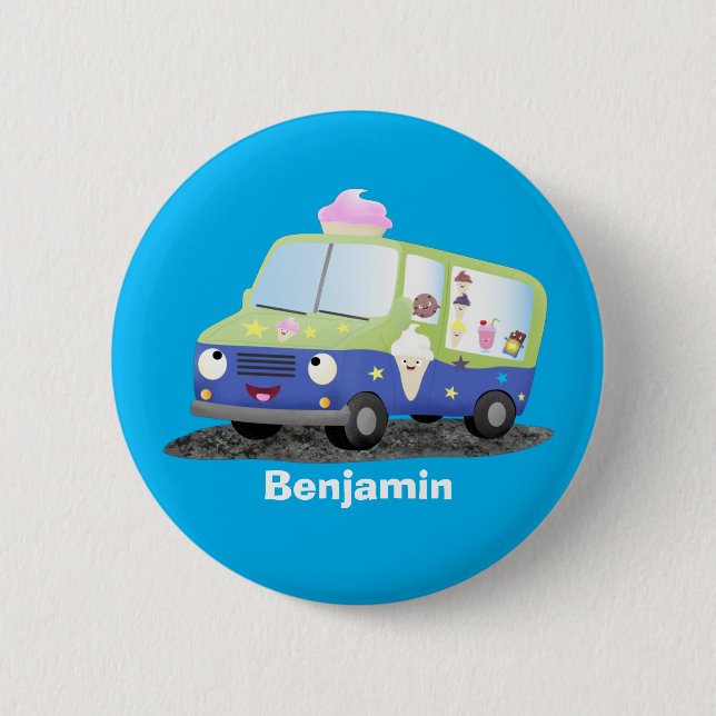 Cute happy ice cream truck cartoon button (Front)
