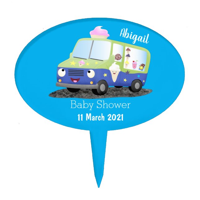 Cute happy ice cream truck cartoon cake topper (Front)