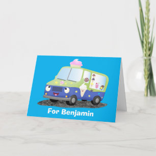 Cute happy ice cream truck cartoon card