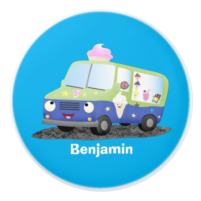 Cute happy ice cream truck cartoon ceramic knob (Front)