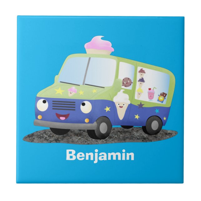 Cute happy ice cream truck cartoon ceramic tile (Front)