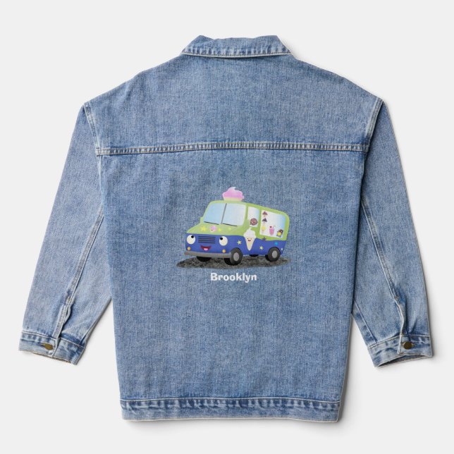 Cute happy ice cream truck cartoon denim jacket (Back)