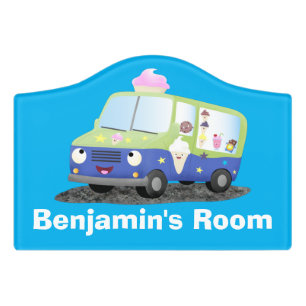 Cute happy ice cream truck cartoon door sign
