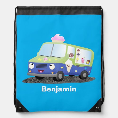 Cute happy ice cream truck cartoon drawstring bag