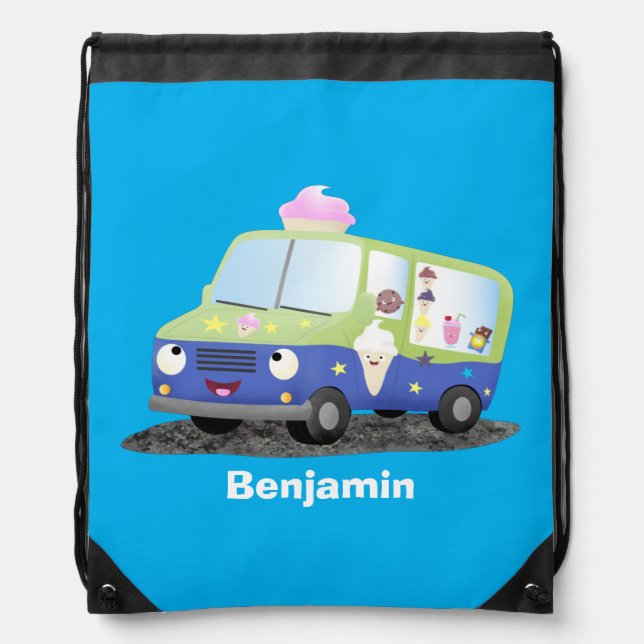 Cute happy ice cream truck cartoon drawstring bag (Front)