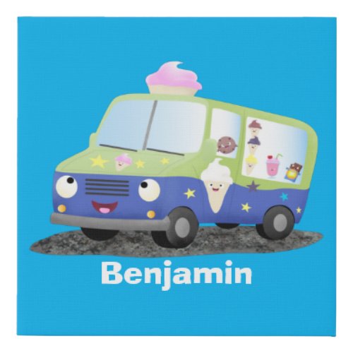 Cute happy ice cream truck cartoon faux canvas print