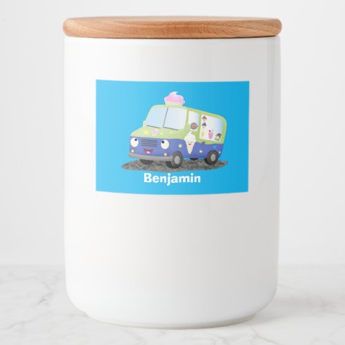 Cute happy ice cream truck cartoon food label