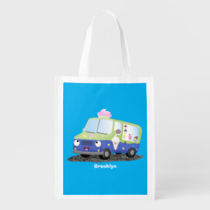Cute happy ice cream truck cartoon grocery bag