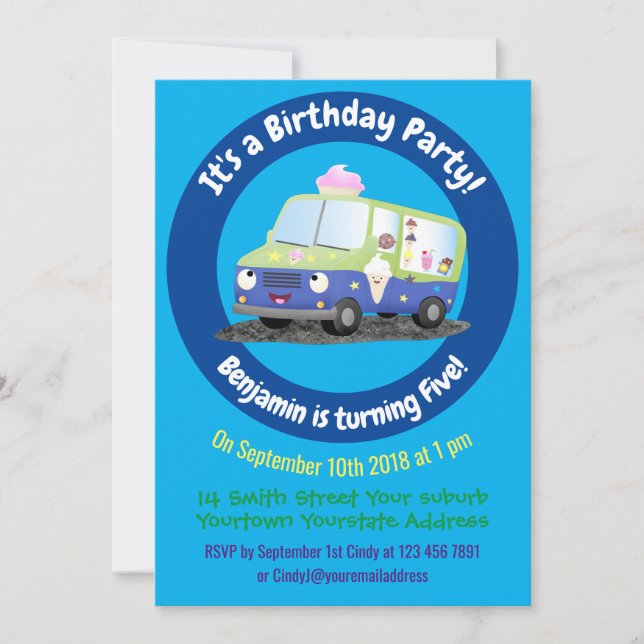 Cute happy ice cream truck cartoon invitation (Front)