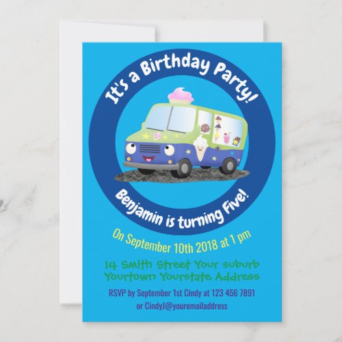 Cute happy ice cream truck cartoon invitation