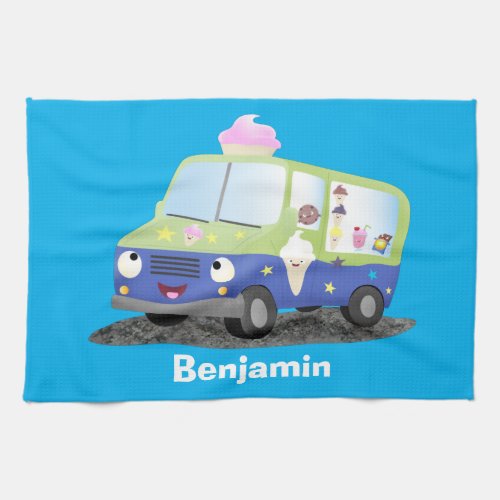 Cute happy ice cream truck cartoon kitchen towel