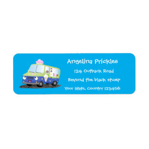Cute happy ice cream truck cartoon label