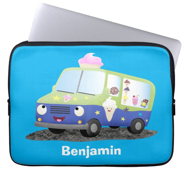 Cute happy ice cream truck cartoon  laptop sleeve (Front)