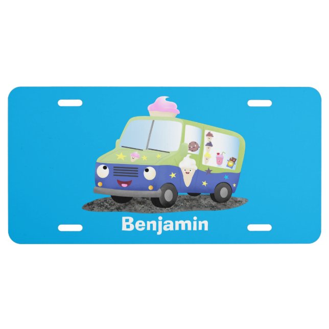 Cute happy ice cream truck cartoon  license plate (Front)
