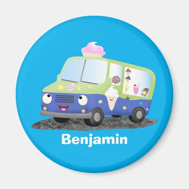Cute happy ice cream truck cartoon magnet (Front)