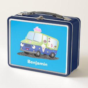 Cute happy ice cream truck cartoon metal lunch box