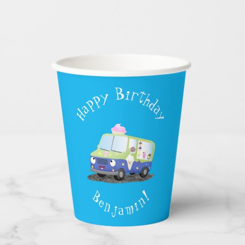 Cute happy ice cream truck cartoon paper cups