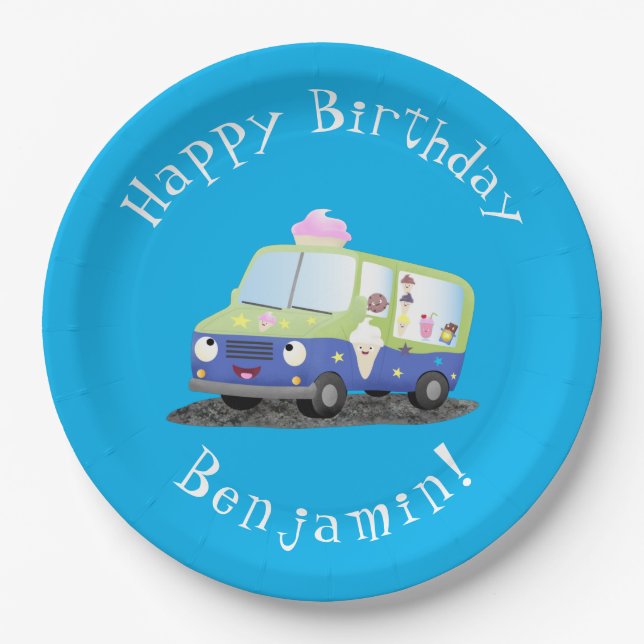 Cute happy ice cream truck cartoon  paper plates (Front)