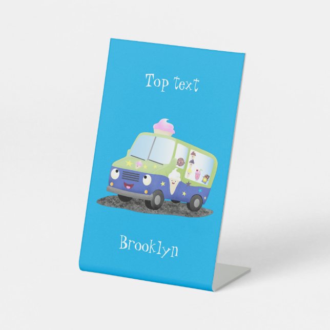 Cute happy ice cream truck cartoon pedestal sign (Front)