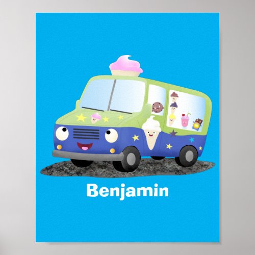 Cute happy ice cream truck cartoon poster
