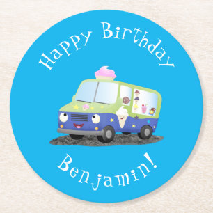 Cute happy ice cream truck cartoon round paper coaster