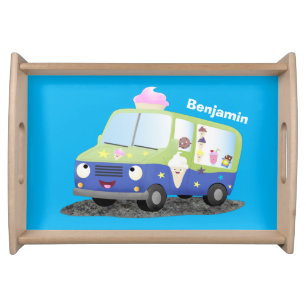 Cute happy ice cream truck cartoon serving tray