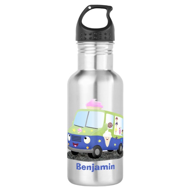 Cute happy ice cream truck cartoon stainless steel water bottle (Front)