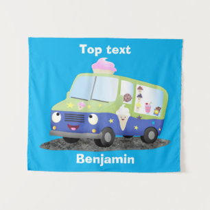 Cute happy ice cream truck cartoon tapestry
