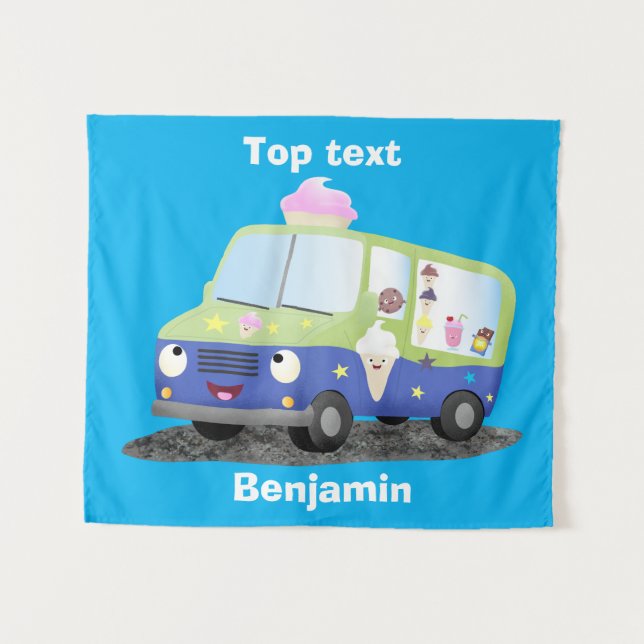 Cute happy ice cream truck cartoon  tapestry (Front (Horizontal))