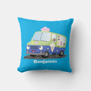 Cute happy ice cream truck cartoon throw pillow