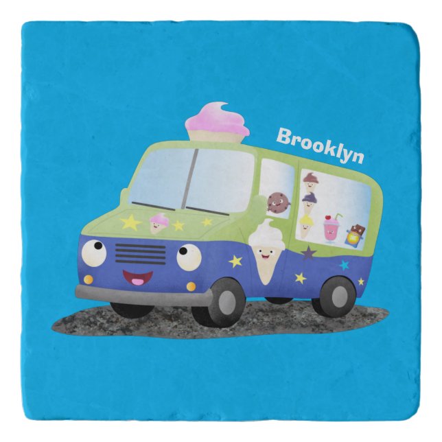 Cute happy ice cream truck cartoon trivet (Front)
