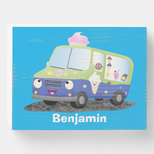 Cute happy ice cream truck cartoon wooden box sign (Front Horizontal)