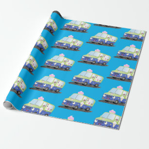 Cute happy ice cream truck cartoon wrapping paper