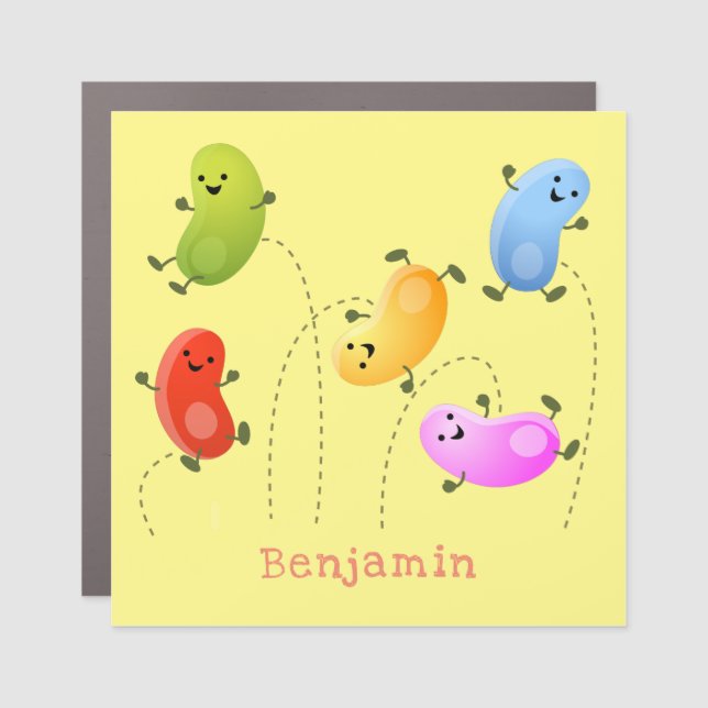 Cute happy jellybeans jumping cartoon illustration car magnet (Front)