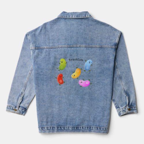 Cute happy jellybeans jumping cartoon illustration denim jacket