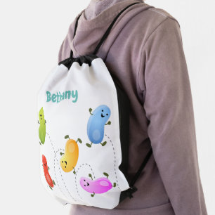 Cute happy jellybeans jumping cartoon illustration drawstring bag