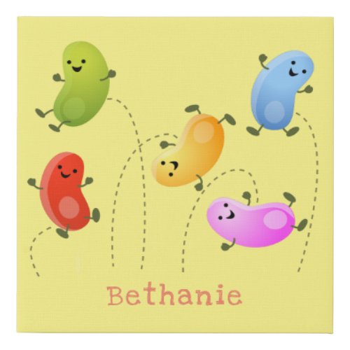 Cute happy jellybeans jumping cartoon illustration faux canvas print