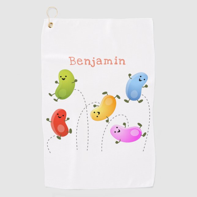 Cute happy jellybeans jumping cartoon illustration golf towel (Front)