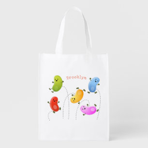 Cute happy jellybeans jumping cartoon illustration grocery bag