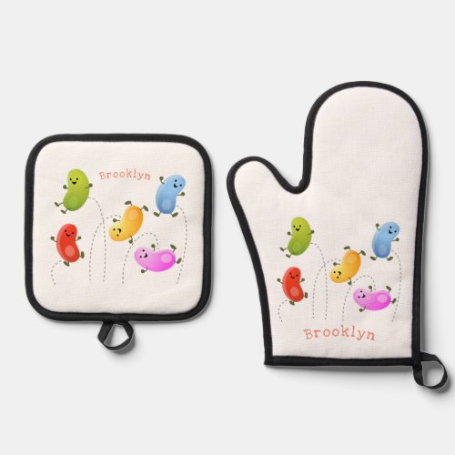 Cute happy jellybeans jumping cartoon illustration oven mitt  pot holder set