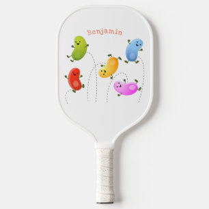 Cute happy jellybeans jumping cartoon illustration pickleball paddle